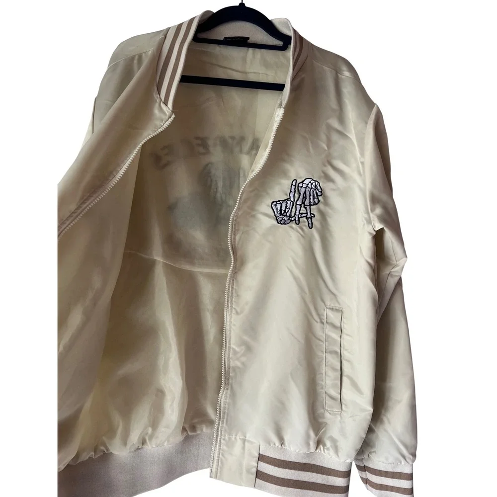 Original Deluxe Supply Mens LA Skeleton Rose Bomber Jacket Cream Medium Zip Up‎